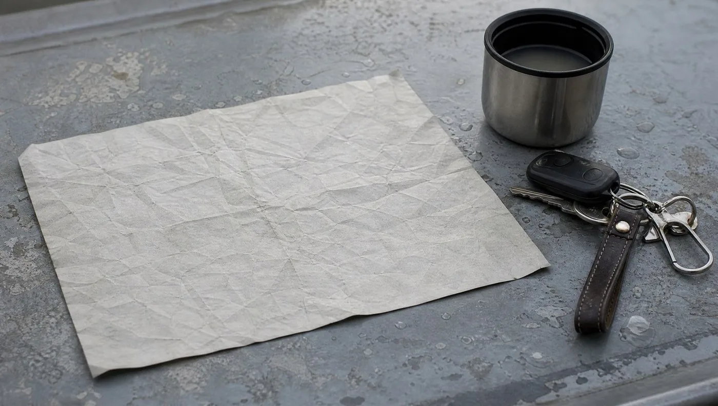 A folded paper map on a wooden table beside a set of car keys and a pair of gloves