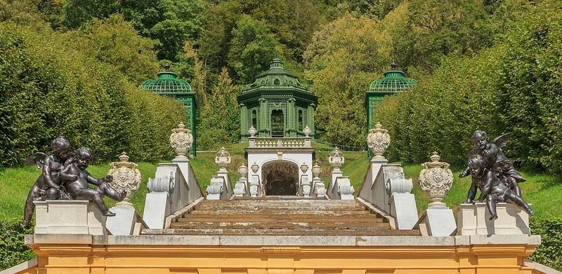 The stepped marble cascade running down the slope towards the palace