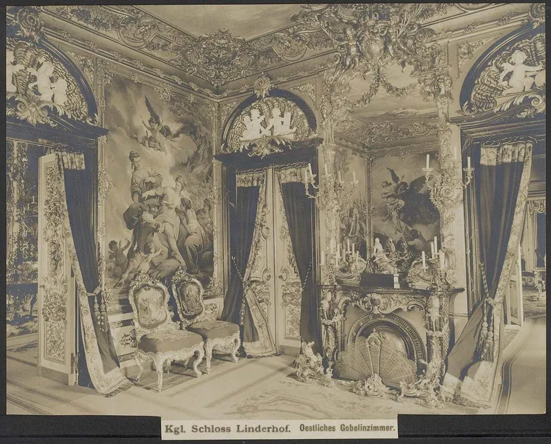 The Eastern Gobelin Room in an early photograph, its walls hung with woven panels