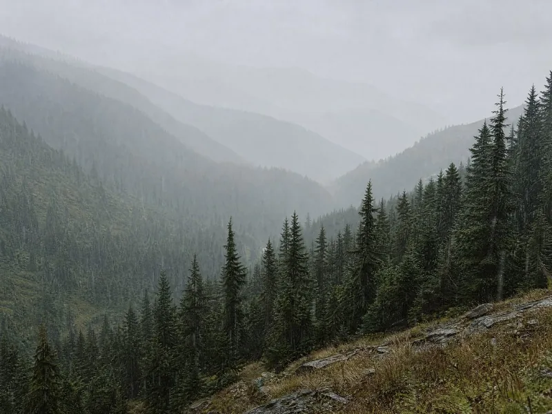 Rain over the valley, ridge behind ridge fading into grey